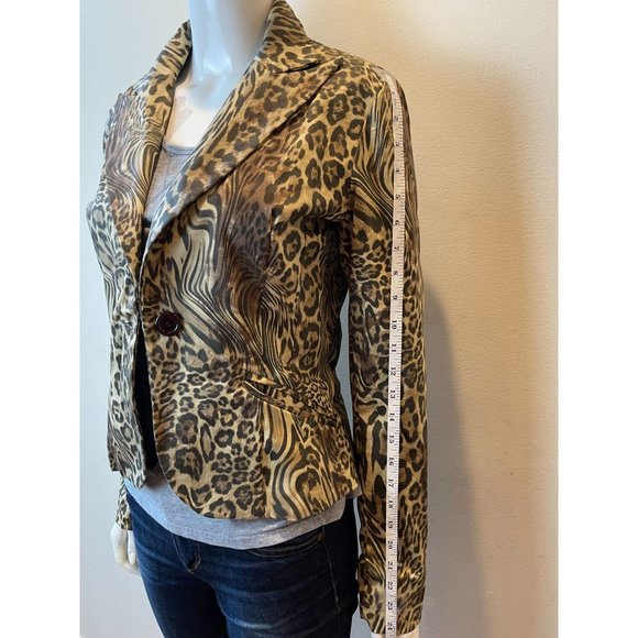 LUX Womens Animal Print Blazer Jacket Long Sleeve Single Breasted Black Brown M - Picture 4 of 6